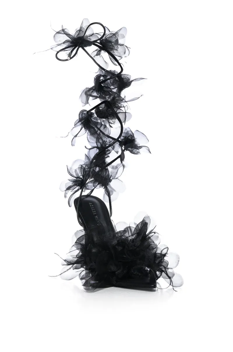 AZALEA WANG ELKIN FLOWER EMBELLISHED SANDAL IN BLACK