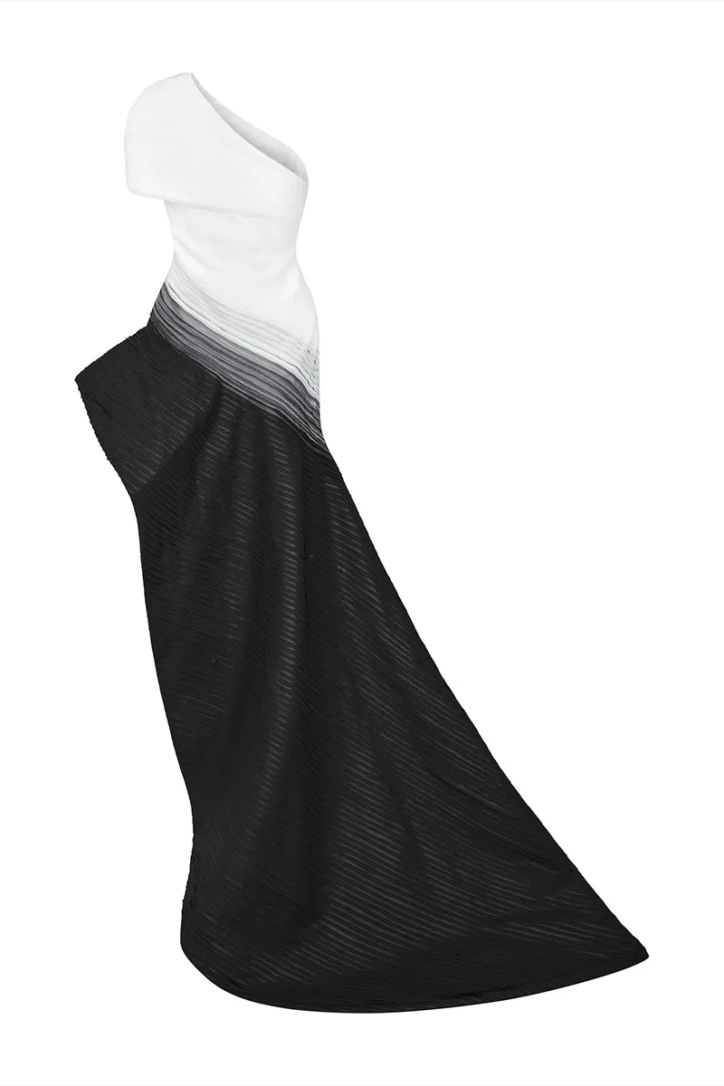 BLACK WHITE AND GRAY ONE-SHOULDER LAYERED GOWN