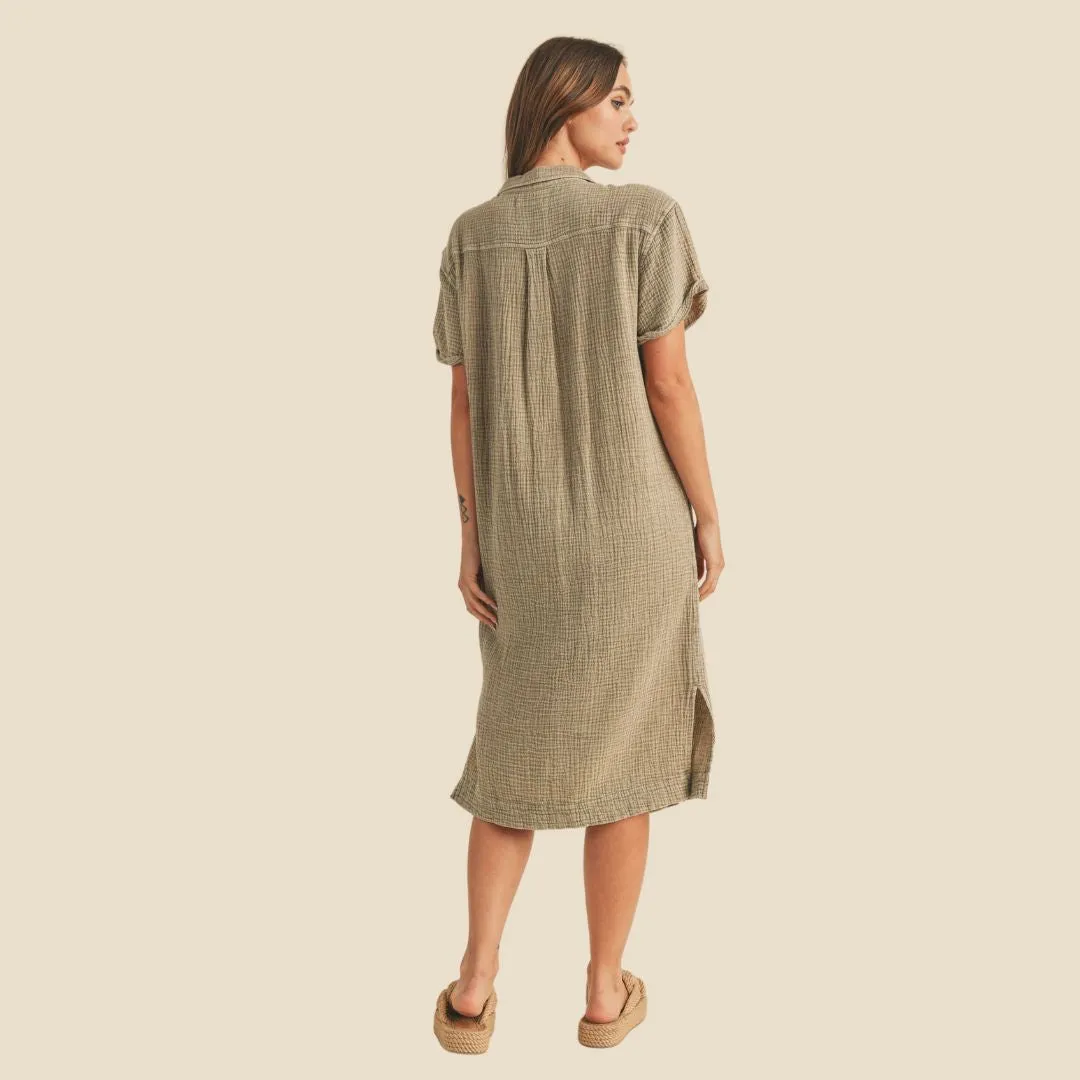 Buttondown Dye and Wash Gauze Shirt Dress (Olive)