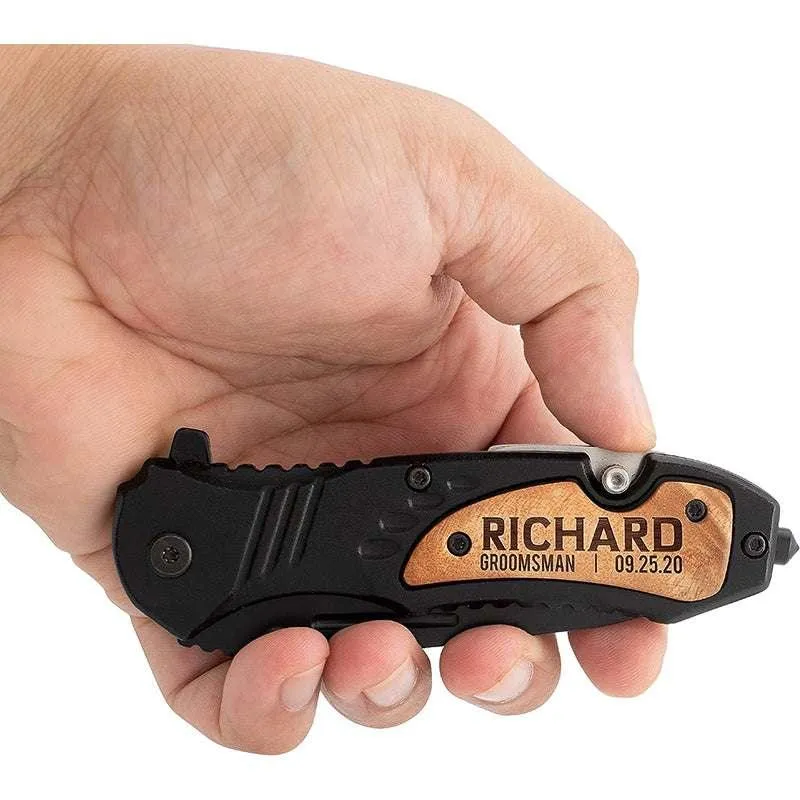 Custom Engraved Pocket Knives for Groomsmen, Black Knife