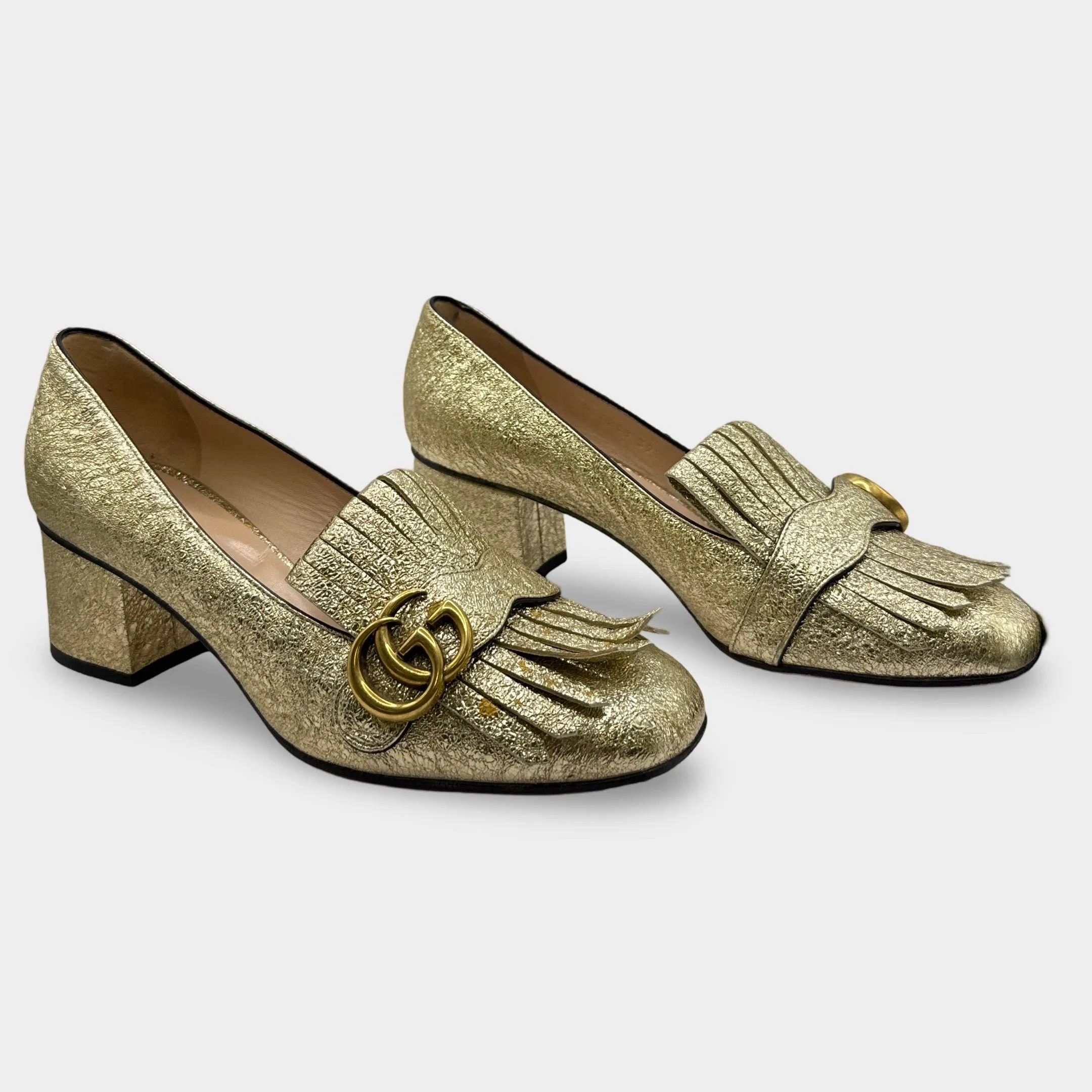 Gucci Galassia GG Marmont Fringe Gold Metallic Loafers