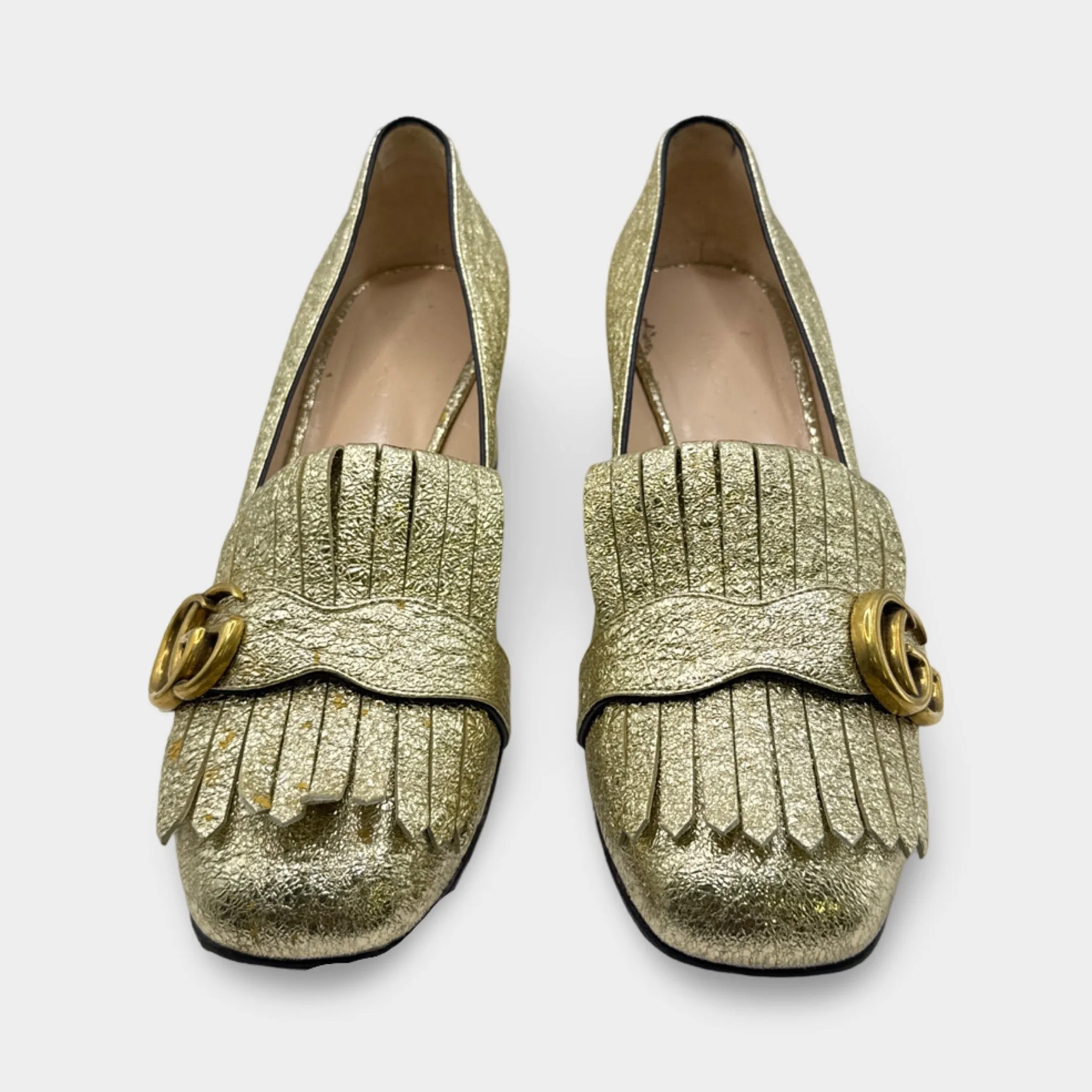 Gucci Galassia GG Marmont Fringe Gold Metallic Loafers