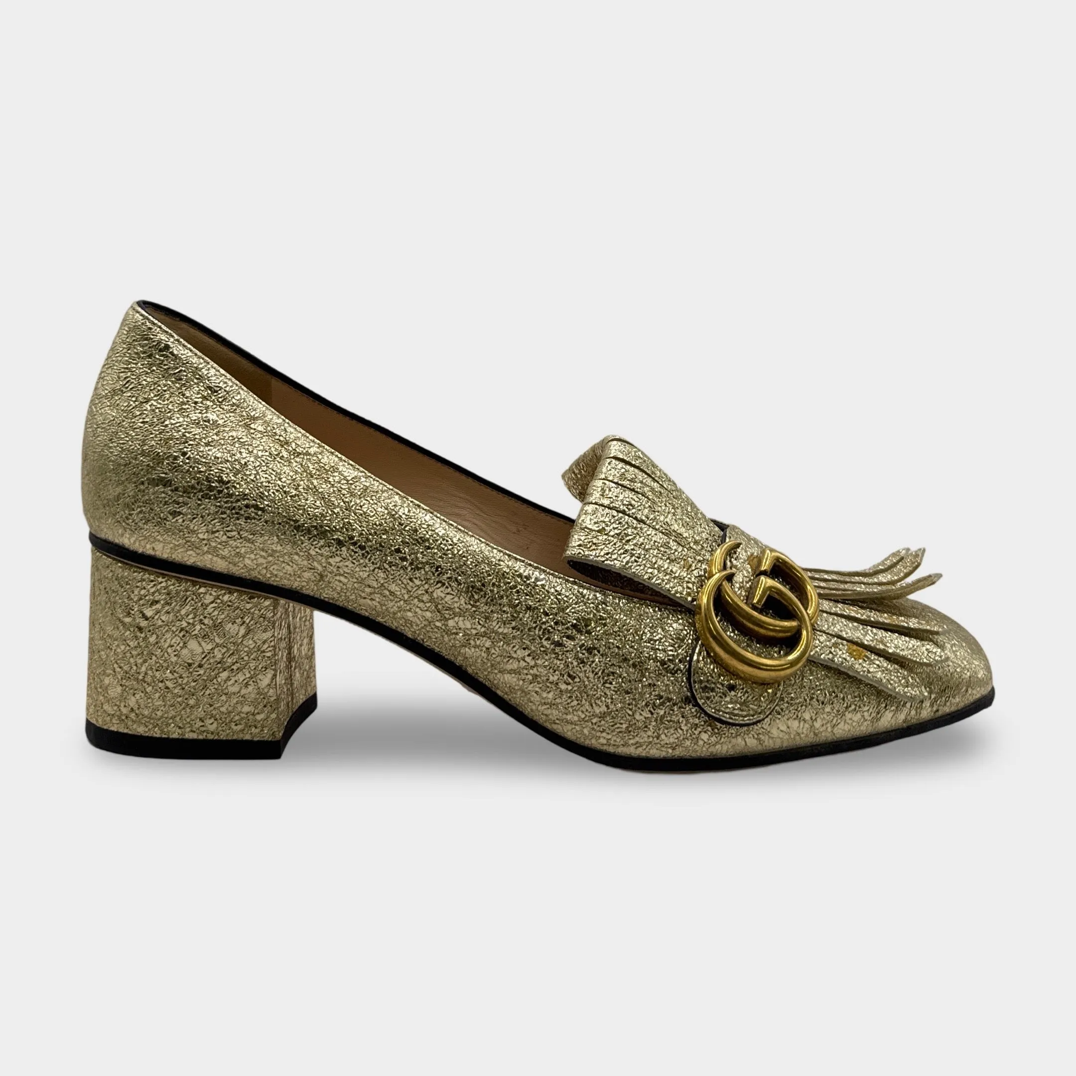 Gucci Galassia GG Marmont Fringe Gold Metallic Loafers