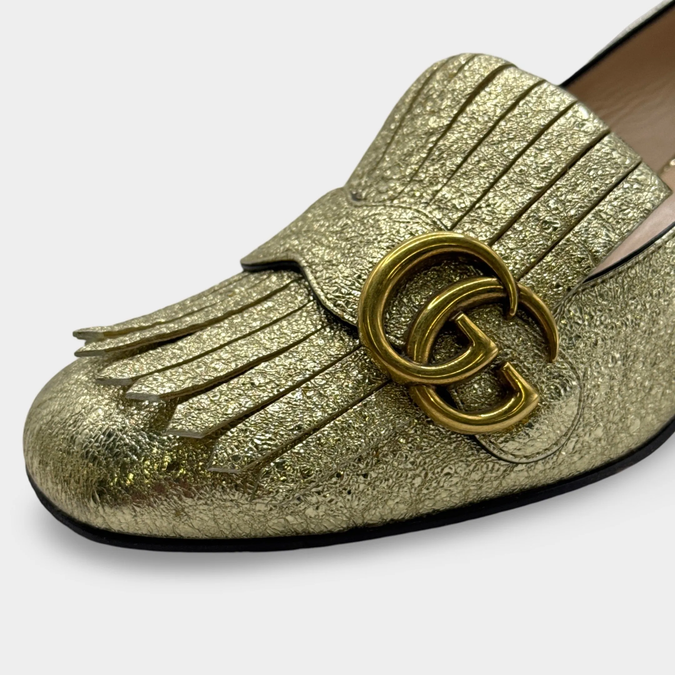 Gucci Galassia GG Marmont Fringe Gold Metallic Loafers