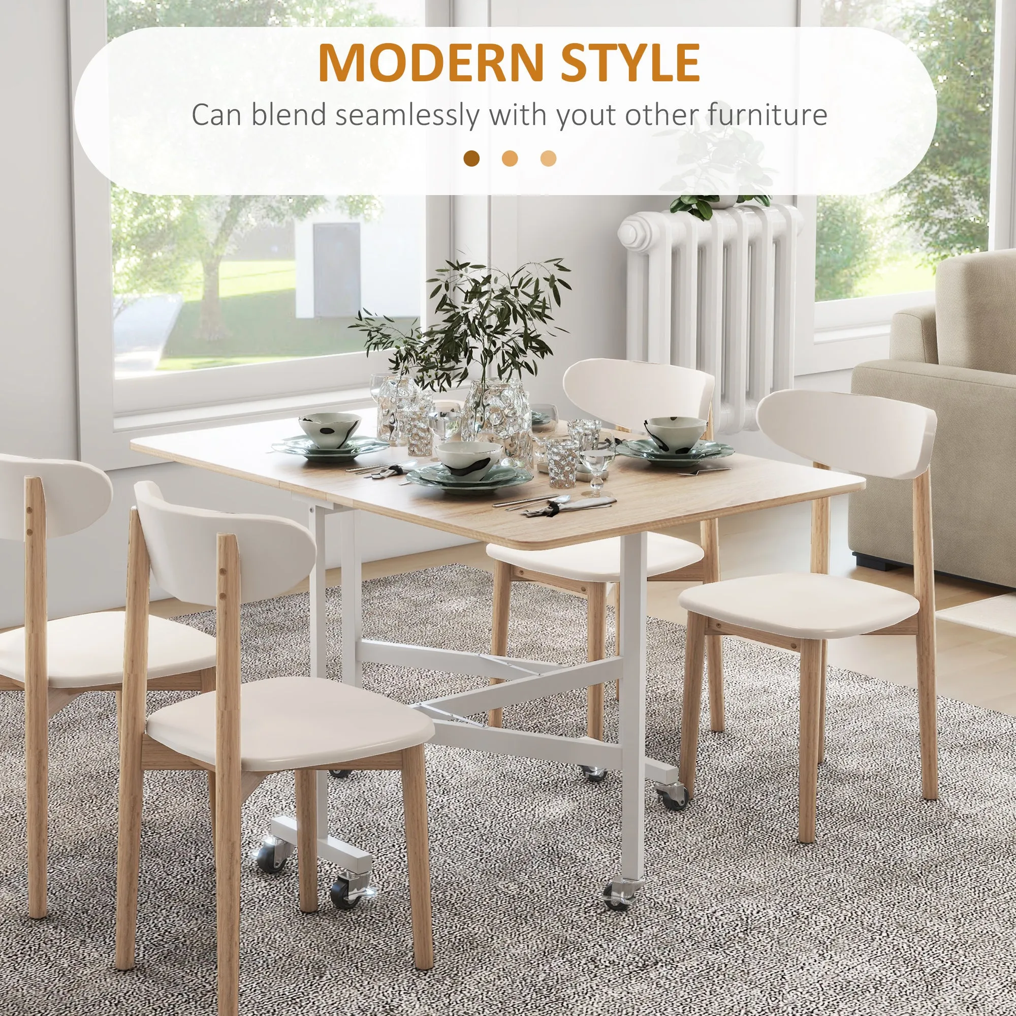HOMCOM Drop Leaf Table with Wheels Folding Dining Table for Small Spaces, Nature