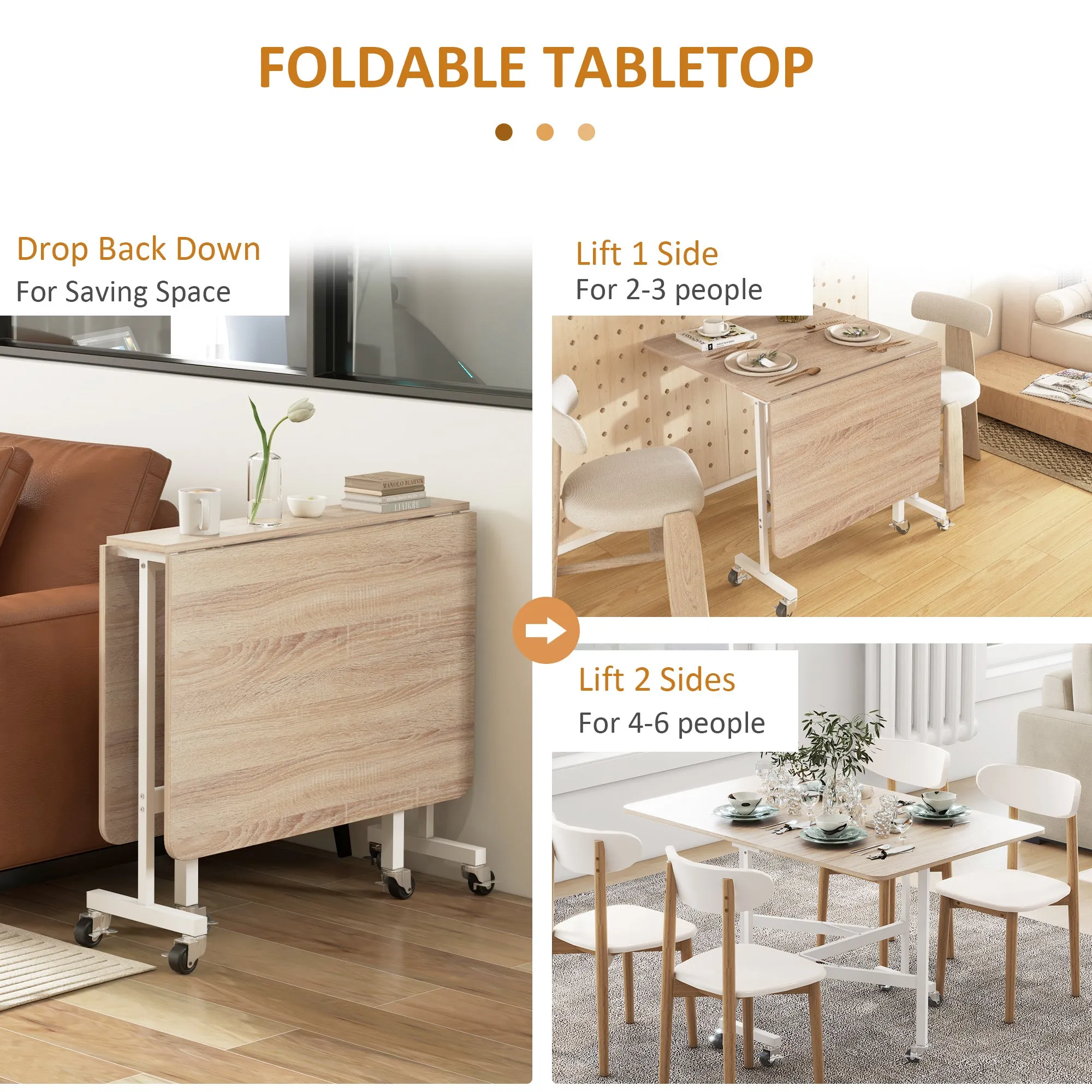 HOMCOM Drop Leaf Table with Wheels Folding Dining Table for Small Spaces, Nature