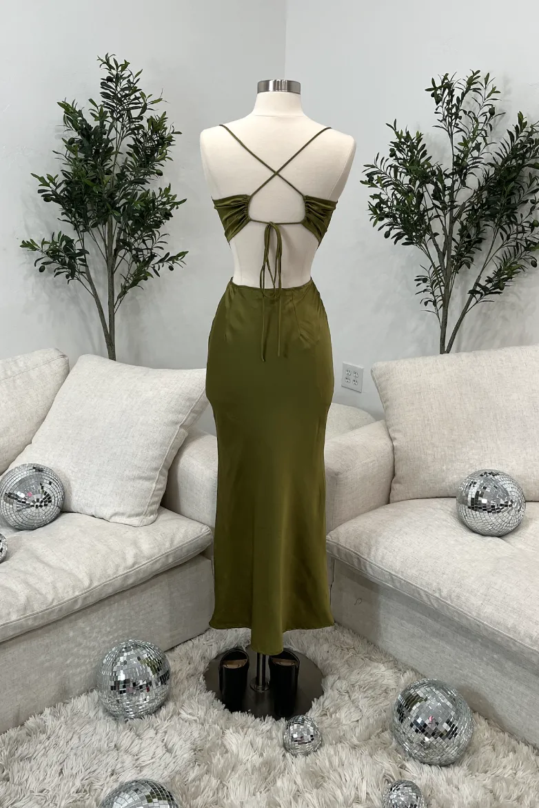 Kira Satin Cut Out Maxi Dress (Green)