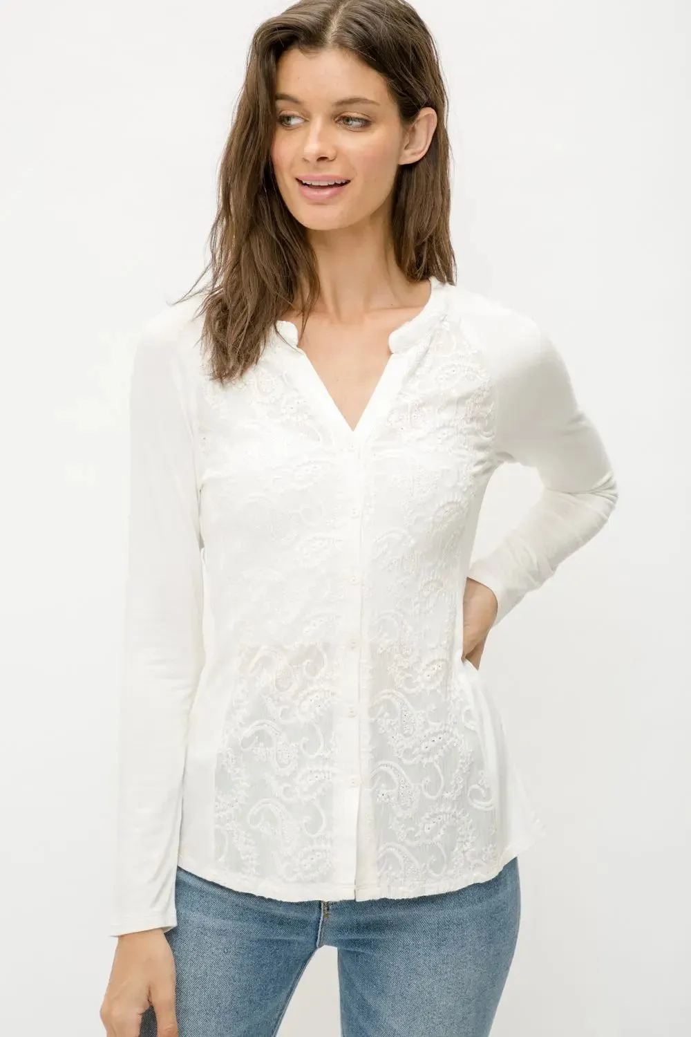 Long Sleeve White Top w/ Embroidered Front