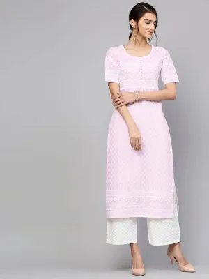 Purple Schiffli Cotton Straight Kurta With Palazzos