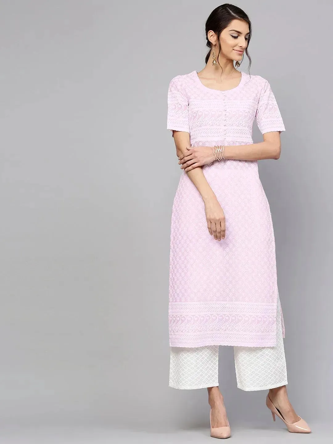 Purple Schiffli Cotton Straight Kurta With Palazzos