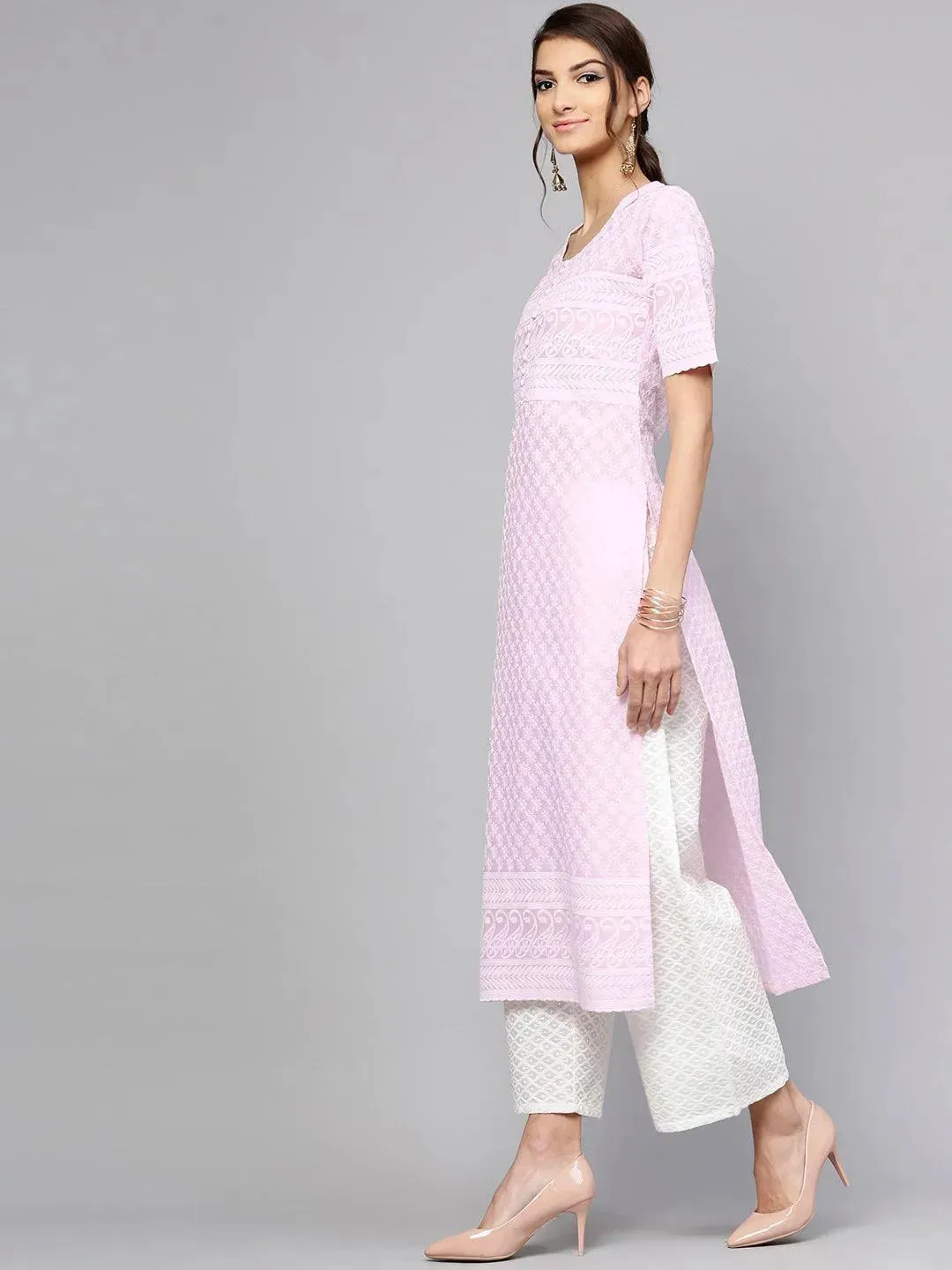 Purple Schiffli Cotton Straight Kurta With Palazzos