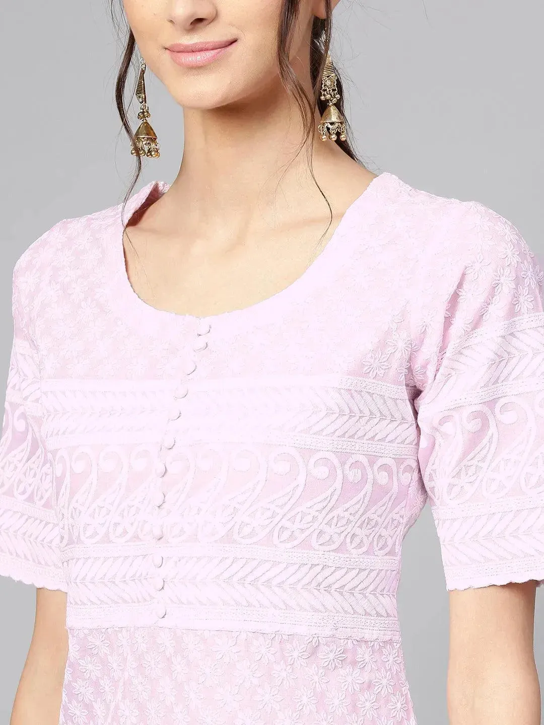 Purple Schiffli Cotton Straight Kurta With Palazzos