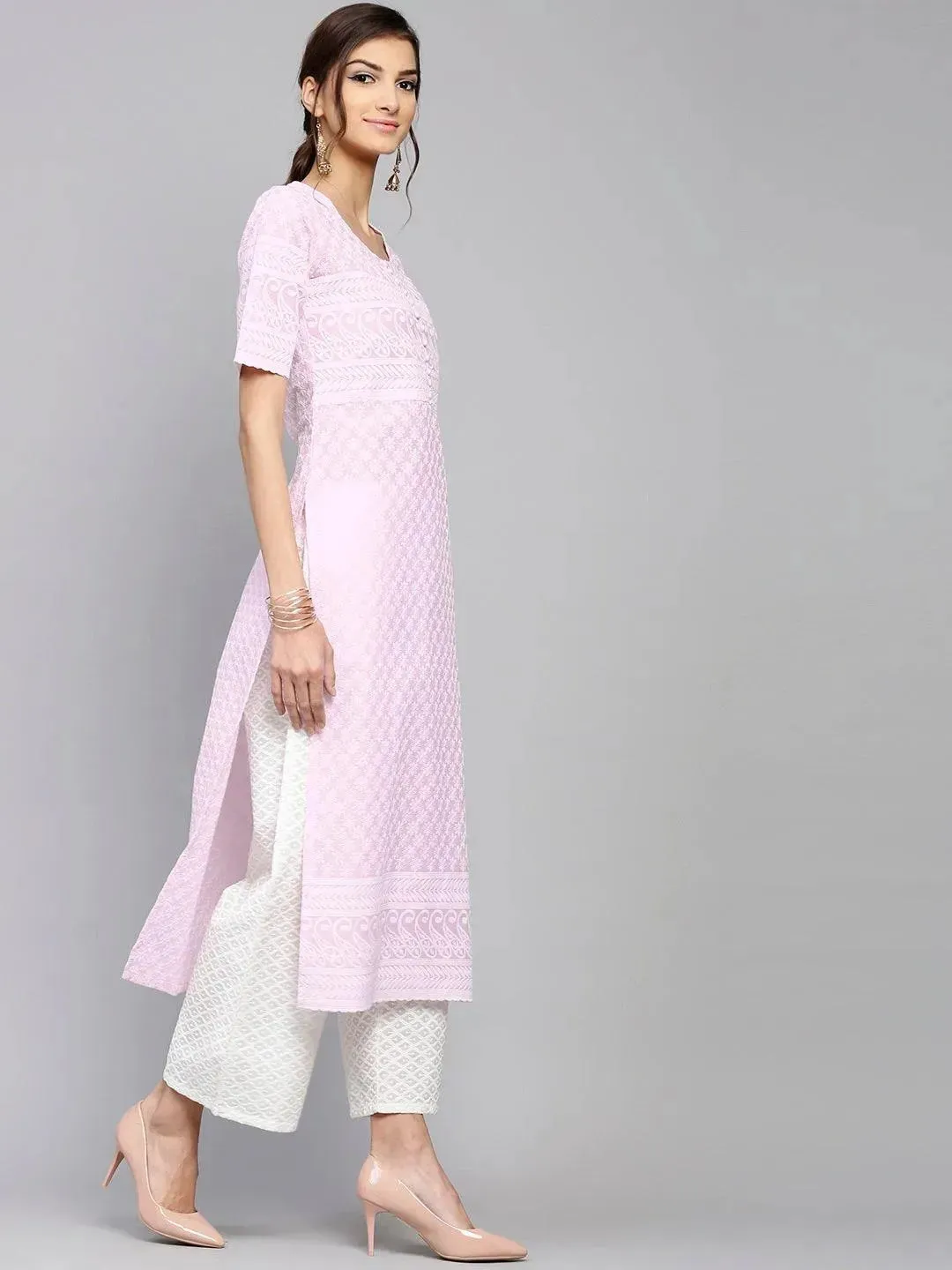 Purple Schiffli Cotton Straight Kurta With Palazzos