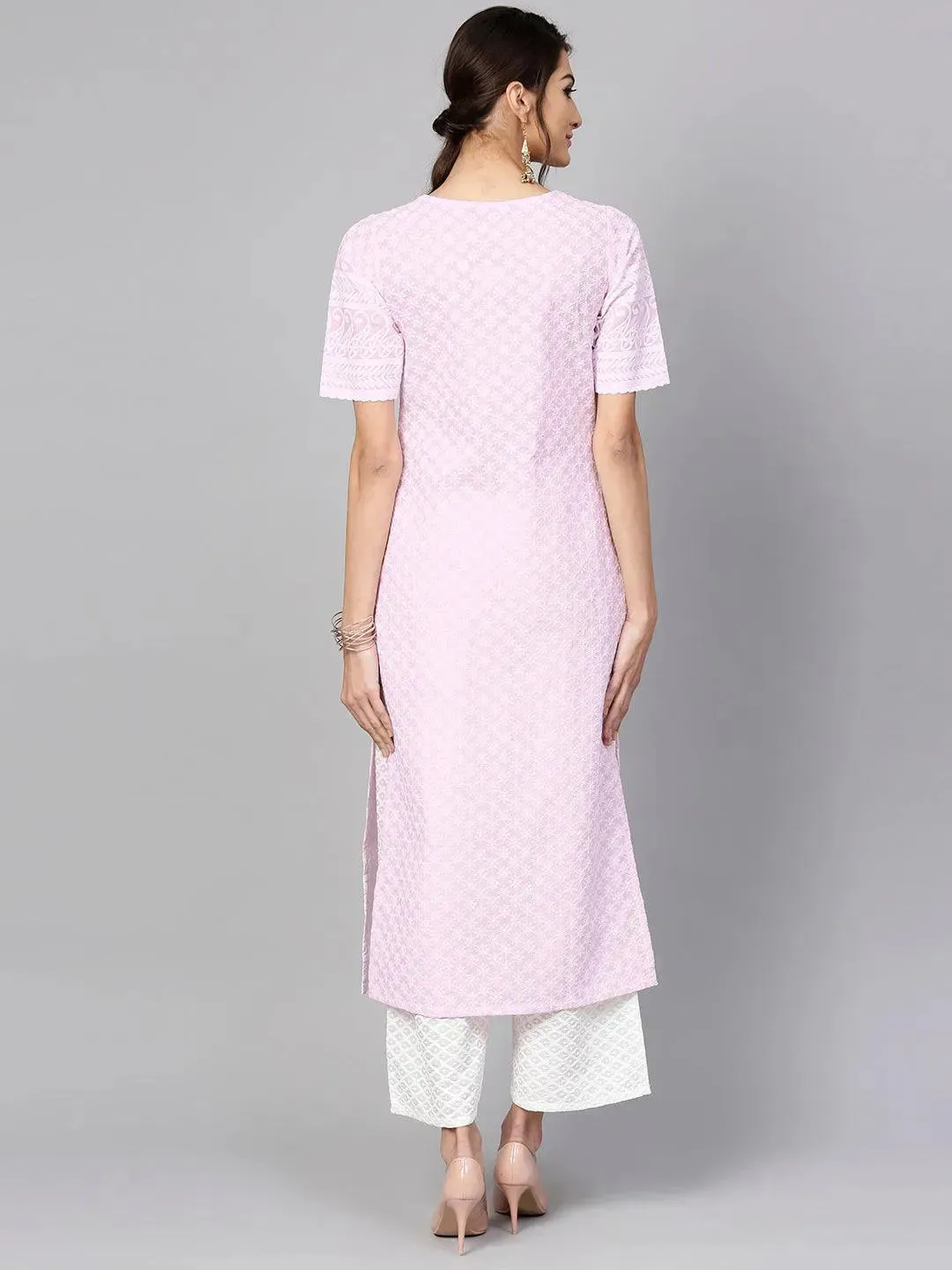 Purple Schiffli Cotton Straight Kurta With Palazzos