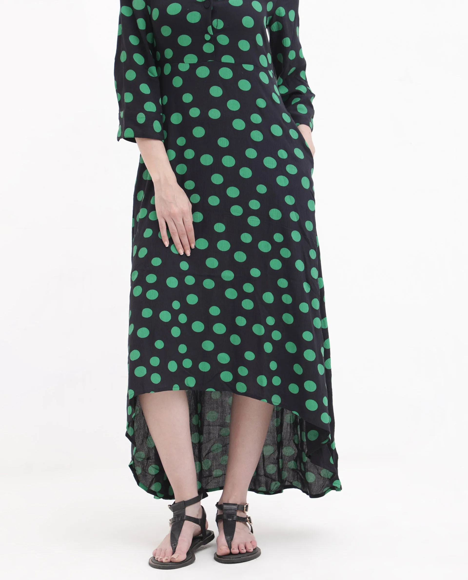 Rareism Women Winslet Black Rayon Fabric Regular Sleeves Collared Neck Abstract Print Regular Length Dress