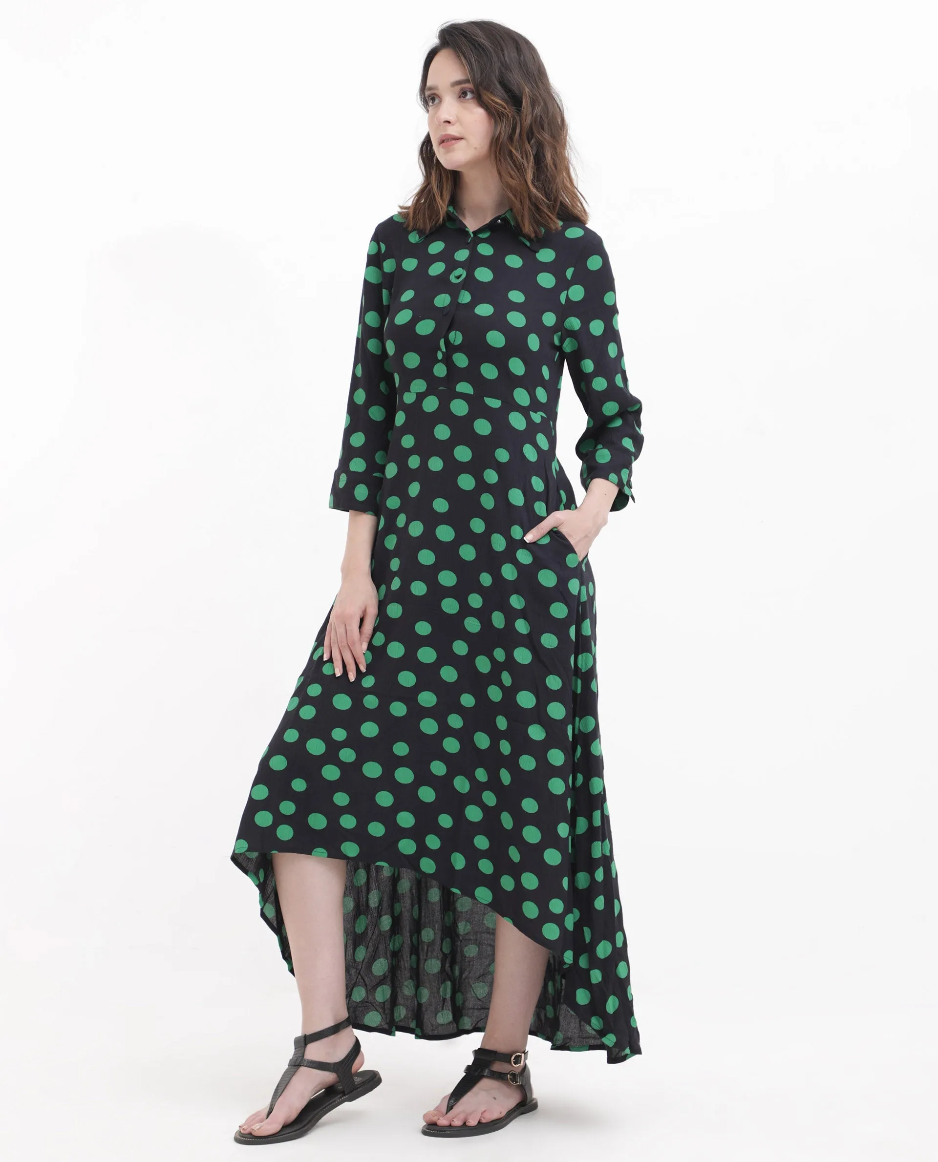 Rareism Women Winslet Black Rayon Fabric Regular Sleeves Collared Neck Abstract Print Regular Length Dress