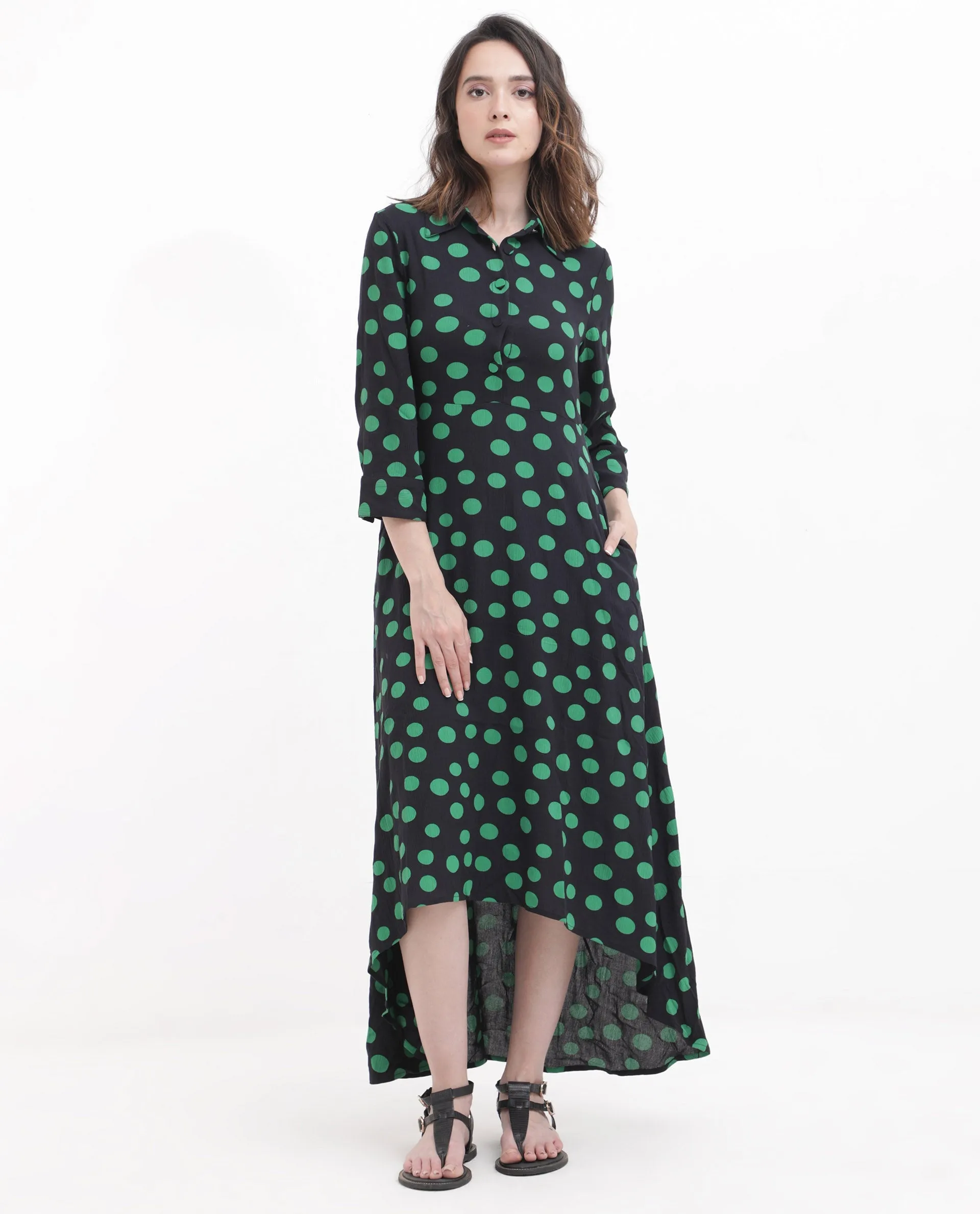 Rareism Women Winslet Black Rayon Fabric Regular Sleeves Collared Neck Abstract Print Regular Length Dress