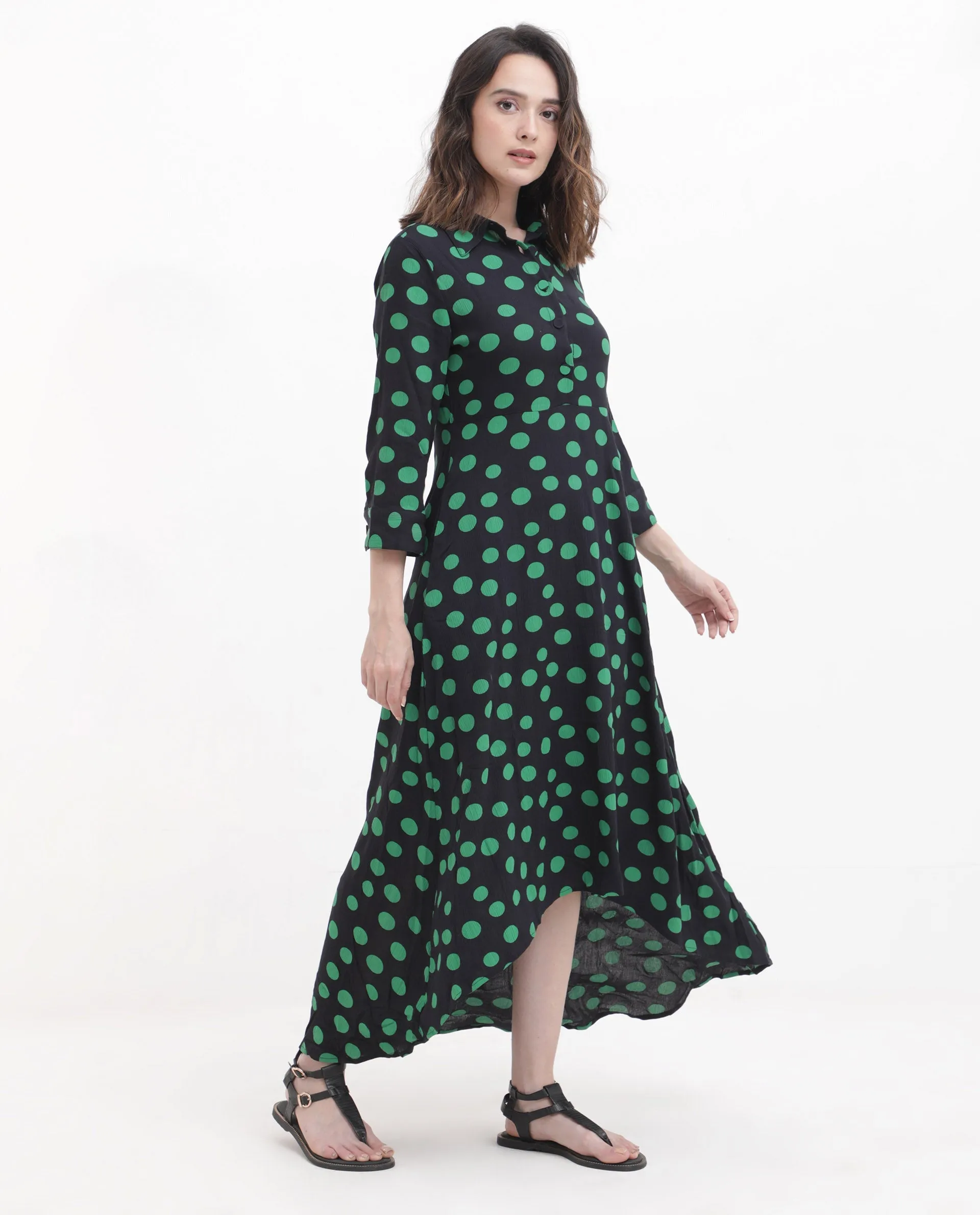 Rareism Women Winslet Black Rayon Fabric Regular Sleeves Collared Neck Abstract Print Regular Length Dress