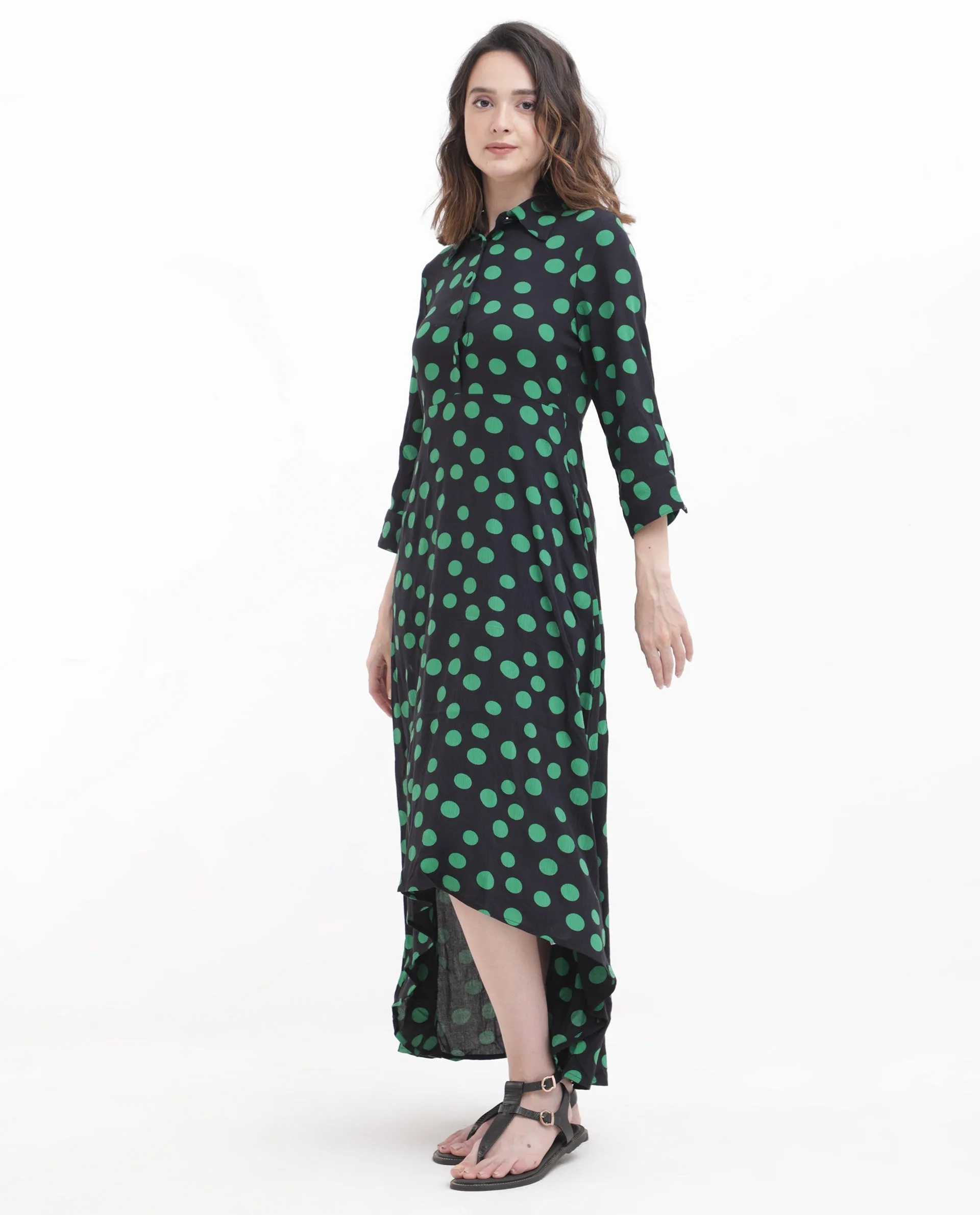 Rareism Women Winslet Black Rayon Fabric Regular Sleeves Collared Neck Abstract Print Regular Length Dress