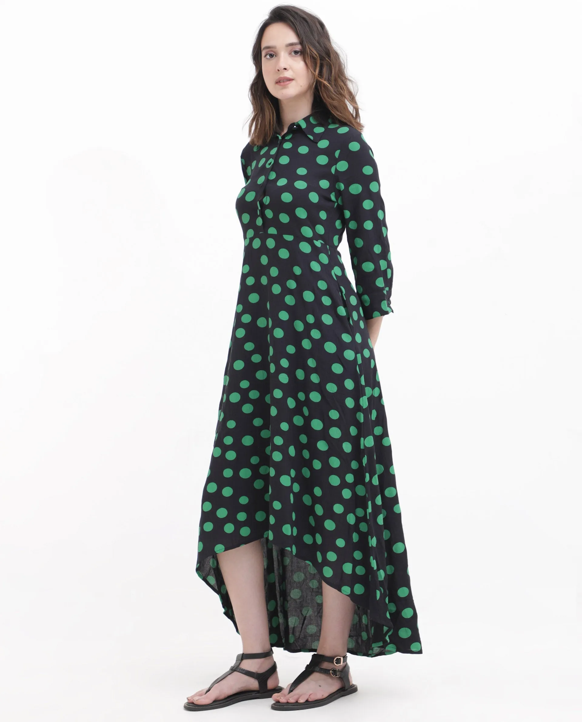 Rareism Women Winslet Black Rayon Fabric Regular Sleeves Collared Neck Abstract Print Regular Length Dress