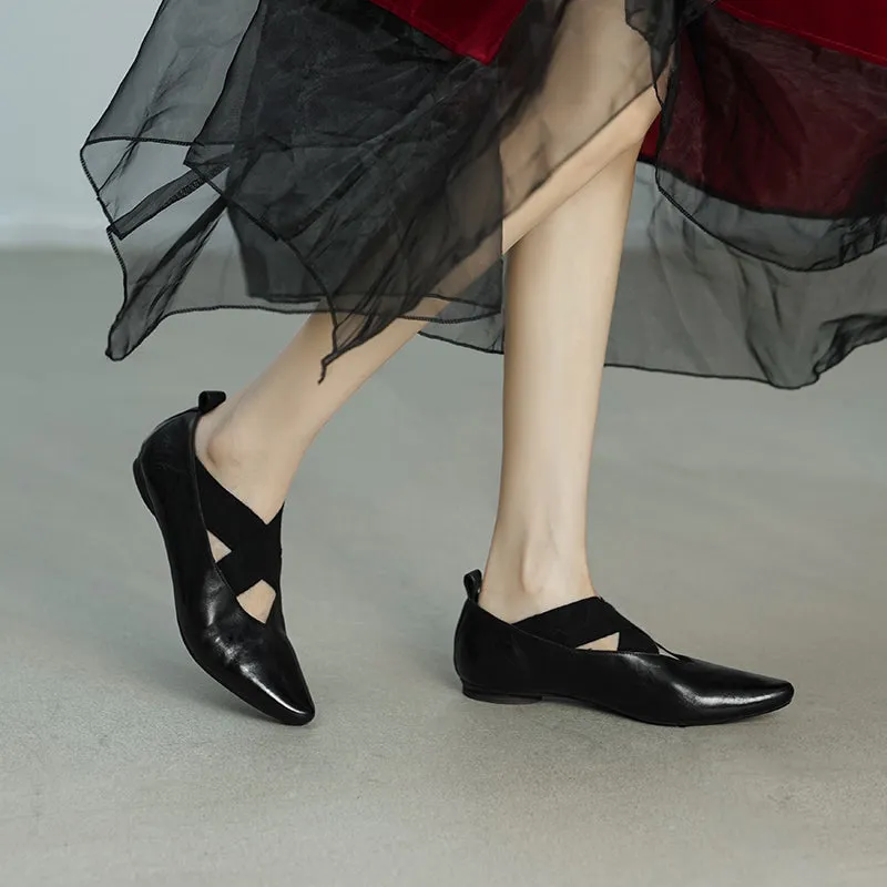 Retro Pointed-Toe Mary Jane Ballet Flats with Crossed Elastic Straps White/Black/Pink/Khaki