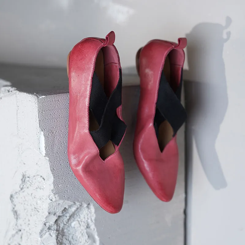Retro Pointed-Toe Mary Jane Ballet Flats with Crossed Elastic Straps White/Black/Pink/Khaki