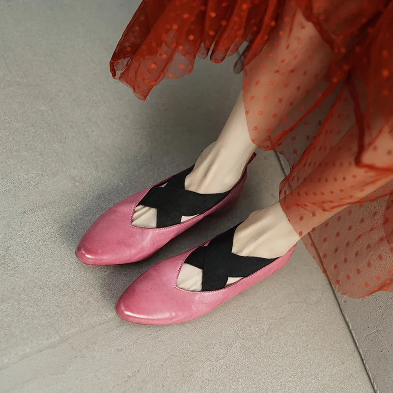 Retro Pointed-Toe Mary Jane Ballet Flats with Crossed Elastic Straps White/Black/Pink/Khaki