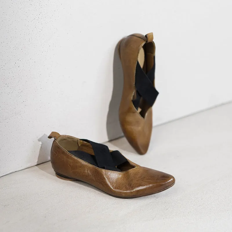 Retro Pointed-Toe Mary Jane Ballet Flats with Crossed Elastic Straps White/Black/Pink/Khaki