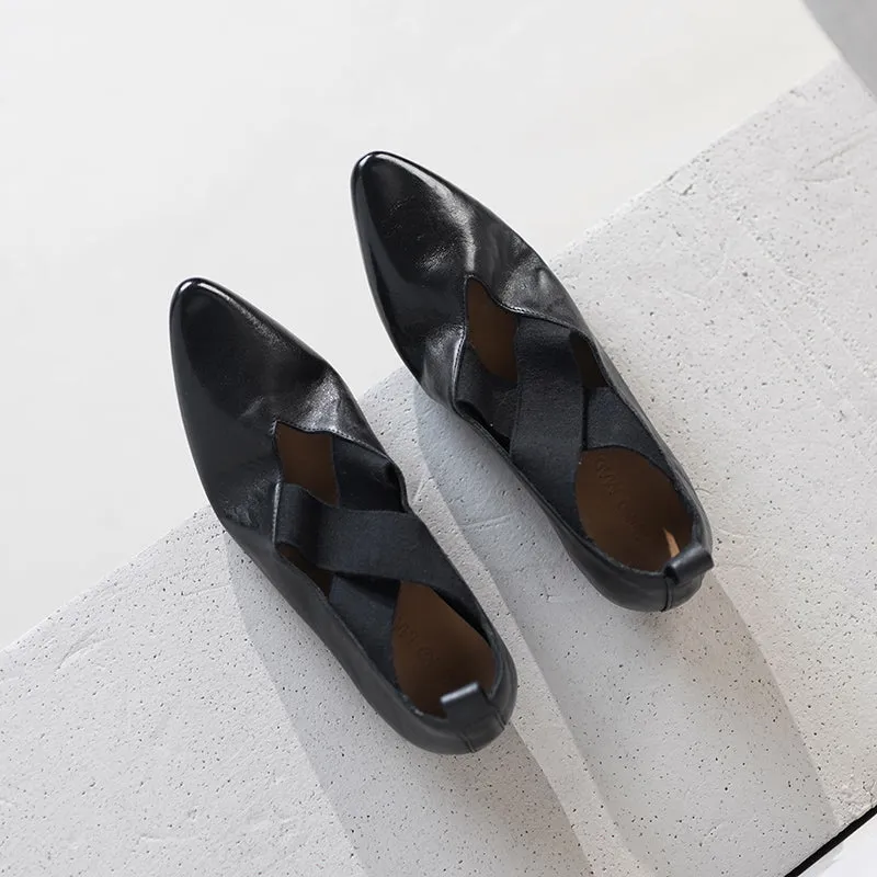 Retro Pointed-Toe Mary Jane Ballet Flats with Crossed Elastic Straps White/Black/Pink/Khaki