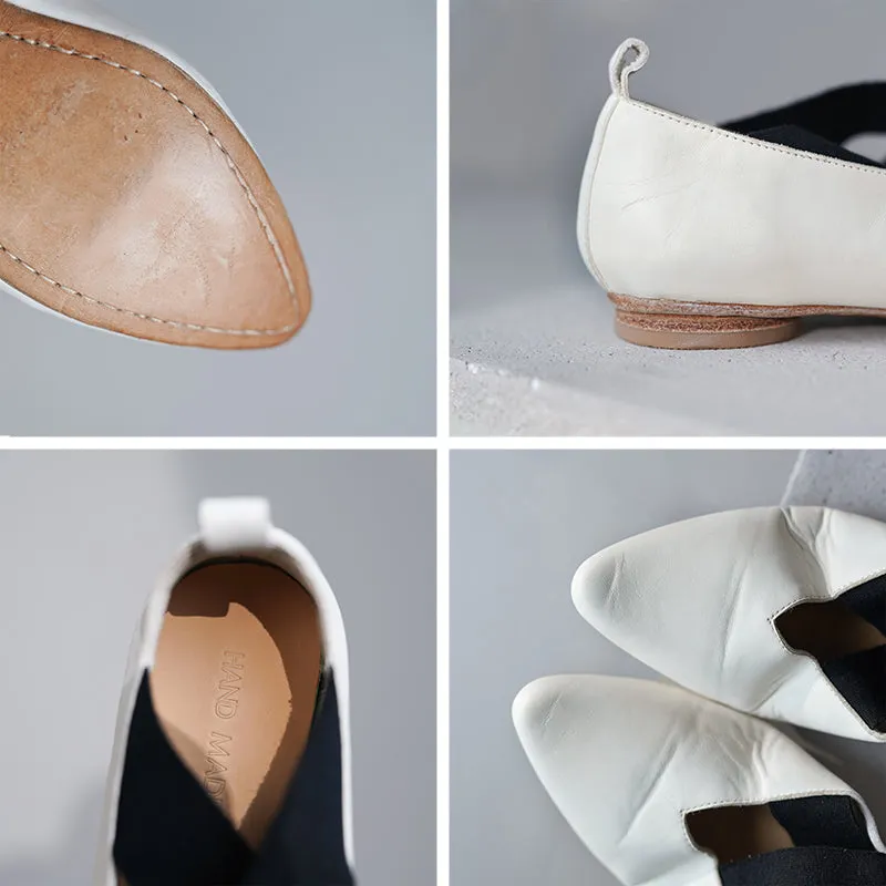 Retro Pointed-Toe Mary Jane Ballet Flats with Crossed Elastic Straps White/Black/Pink/Khaki