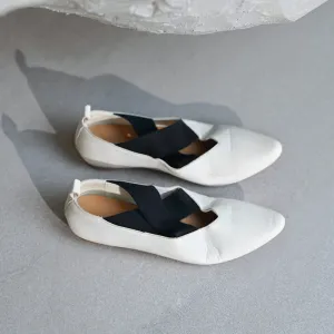 Retro Pointed-Toe Mary Jane Ballet Flats with Crossed Elastic Straps White/Black/Pink/Khaki