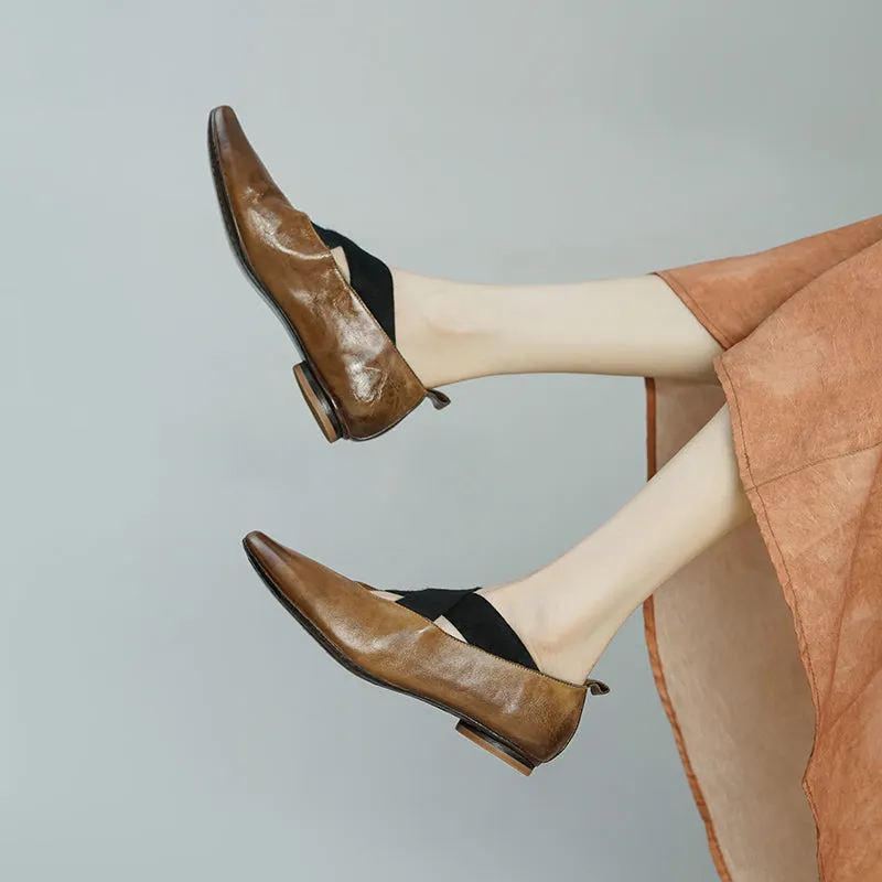 Retro Pointed-Toe Mary Jane Ballet Flats with Crossed Elastic Straps White/Black/Pink/Khaki