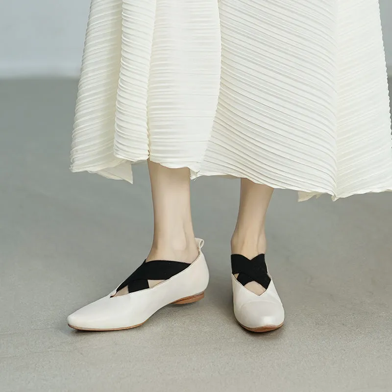 Retro Pointed-Toe Mary Jane Ballet Flats with Crossed Elastic Straps White/Black/Pink/Khaki
