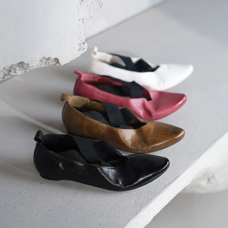 Retro Pointed-Toe Mary Jane Ballet Flats with Crossed Elastic Straps White/Black/Pink/Khaki