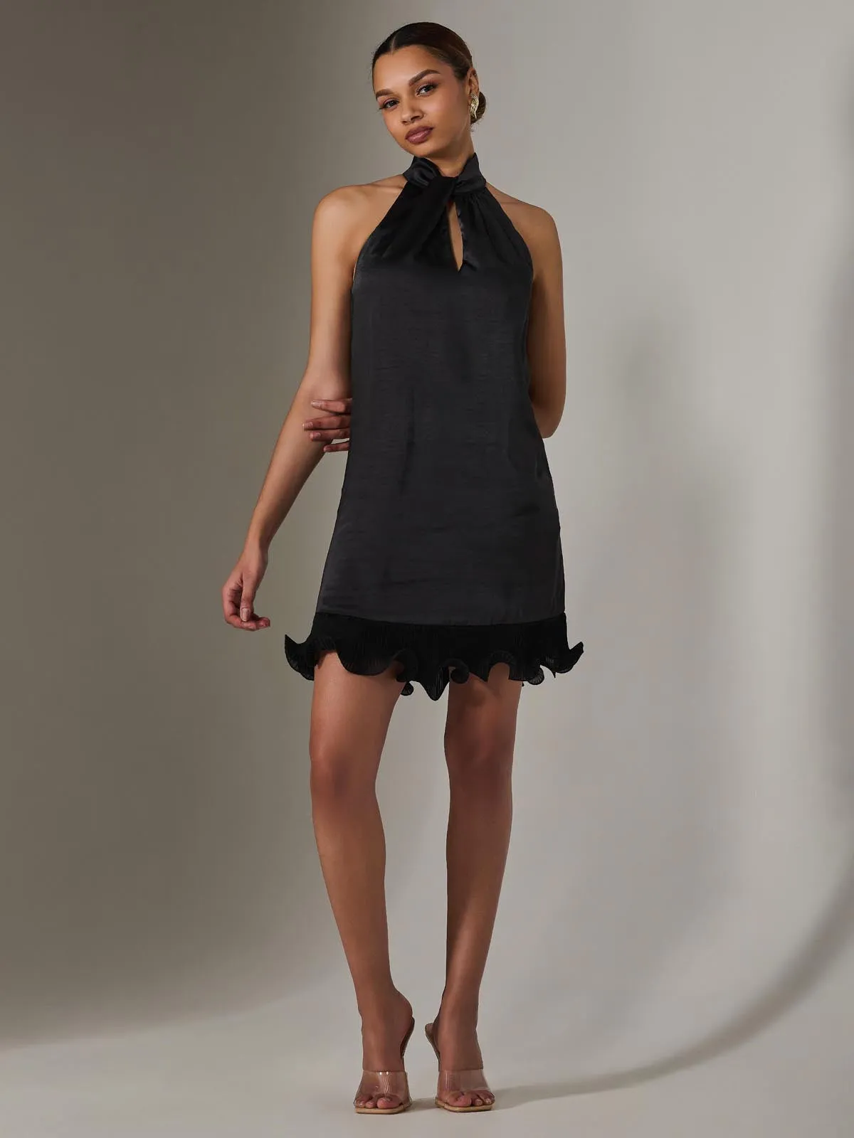 Satin Halterneck Mini Dress, Black