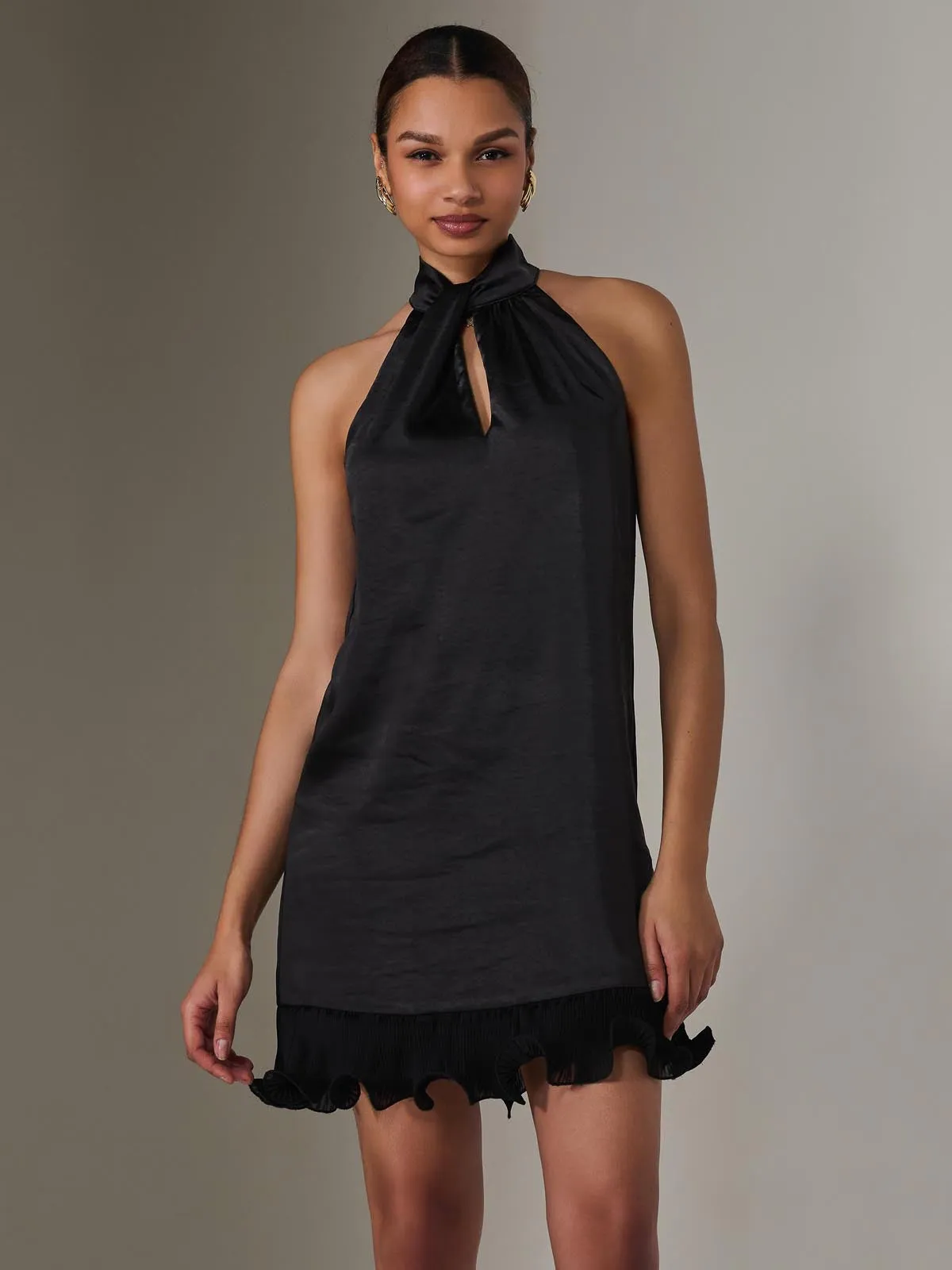 Satin Halterneck Mini Dress, Black