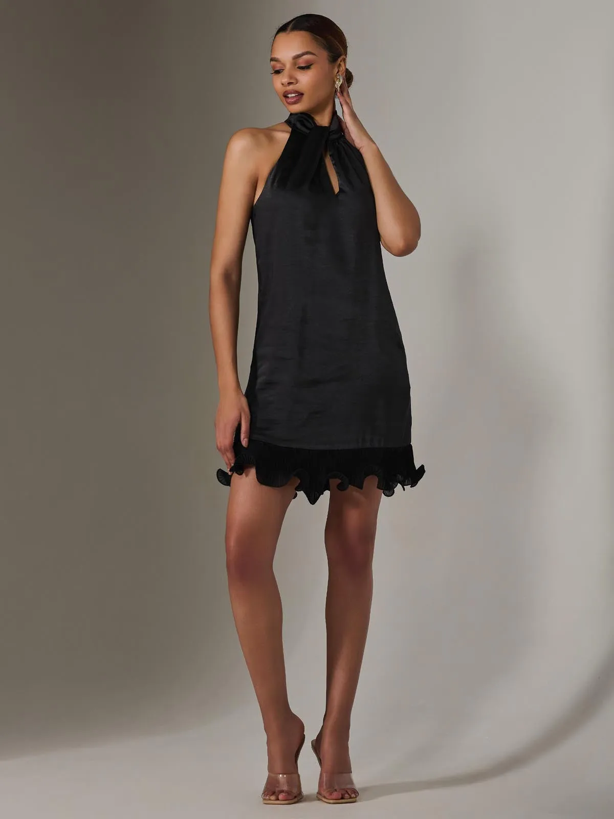 Satin Halterneck Mini Dress, Black
