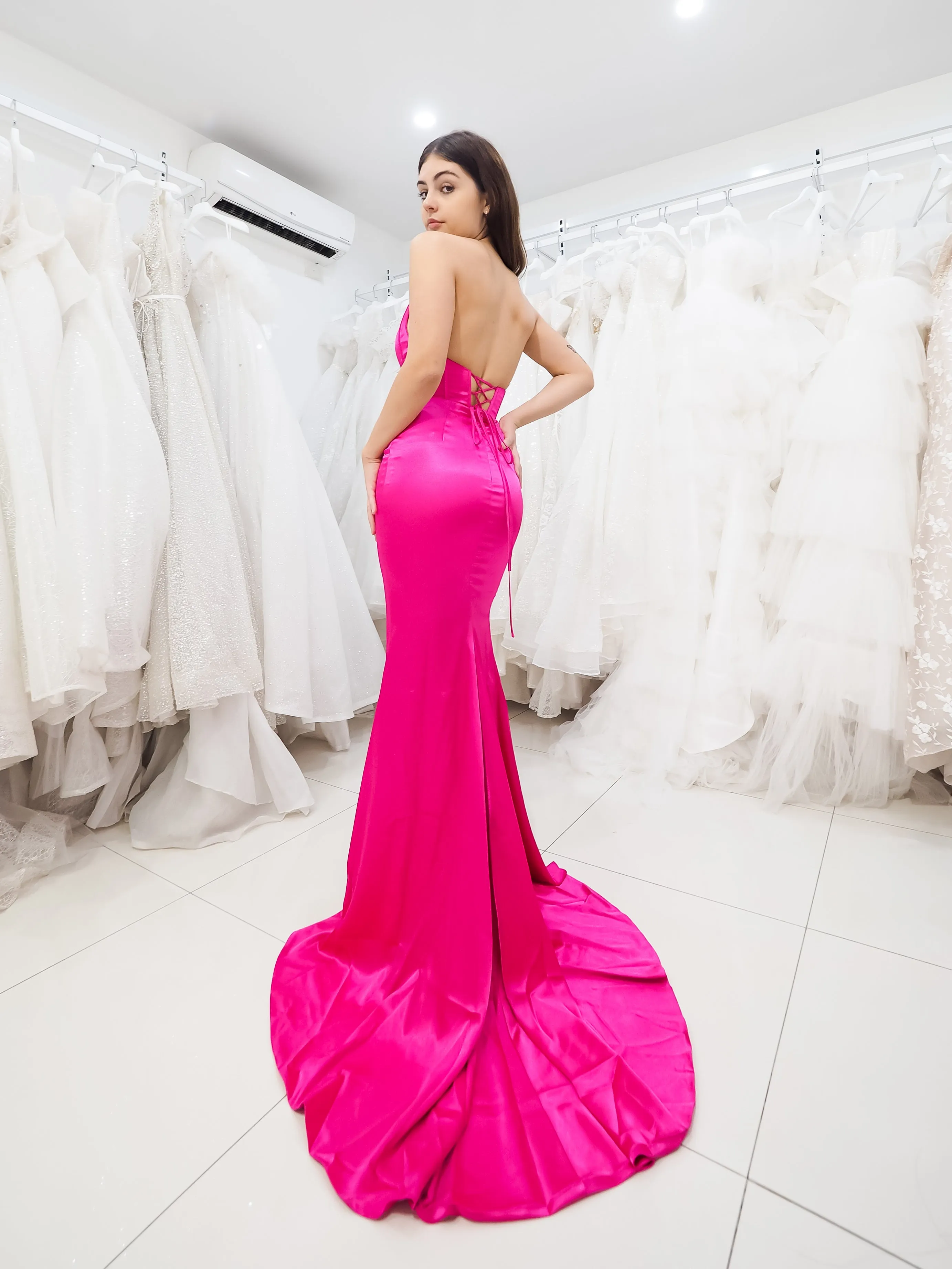 Satin mermaid dress with ribbed corset look and a high slit