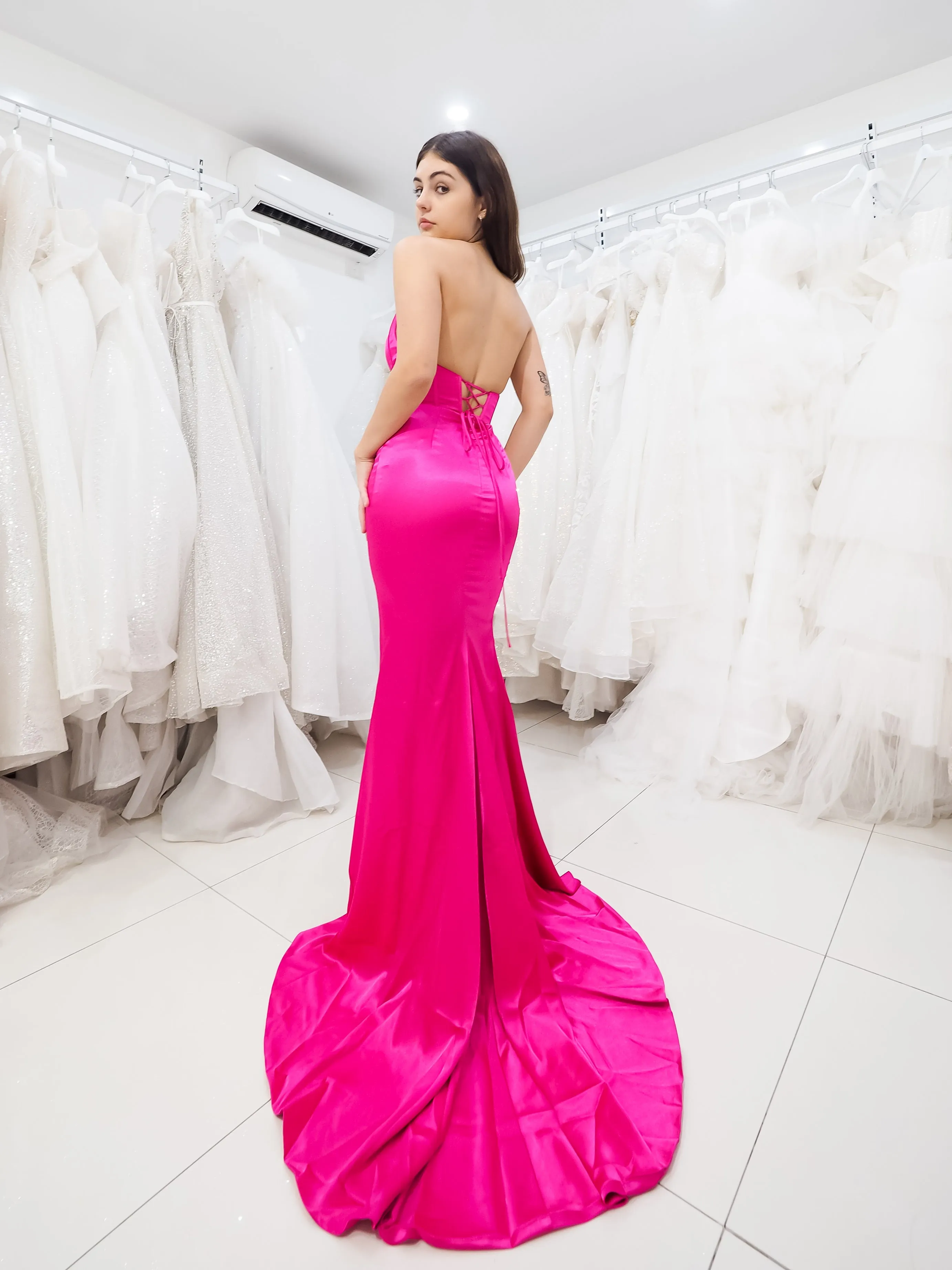 Satin mermaid dress with ribbed corset look and a high slit
