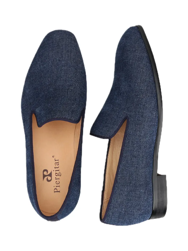 Summer blue denim denim men's loafers European and American style square toe red sole shoes breathable leather lining