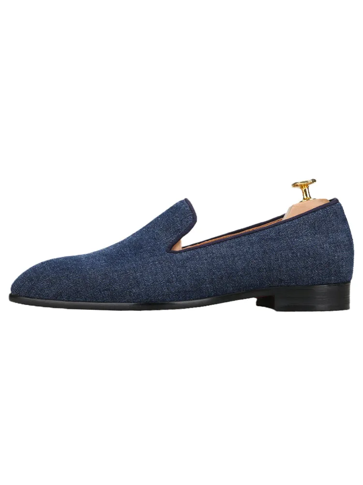 Summer blue denim denim men's loafers European and American style square toe red sole shoes breathable leather lining