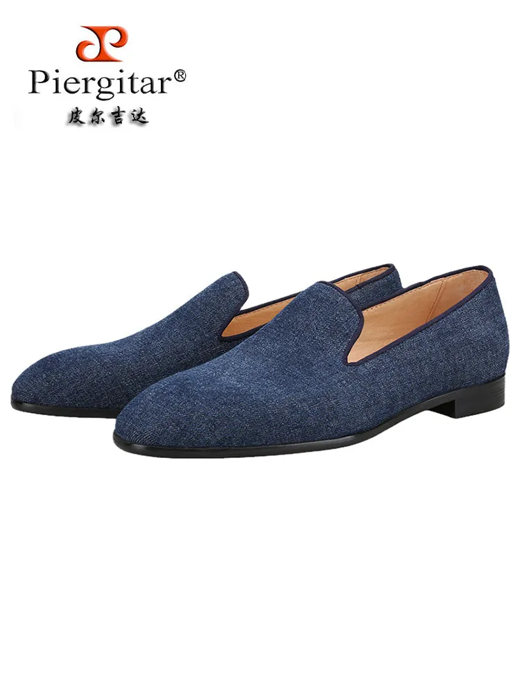 Summer blue denim denim men's loafers European and American style square toe red sole shoes breathable leather lining