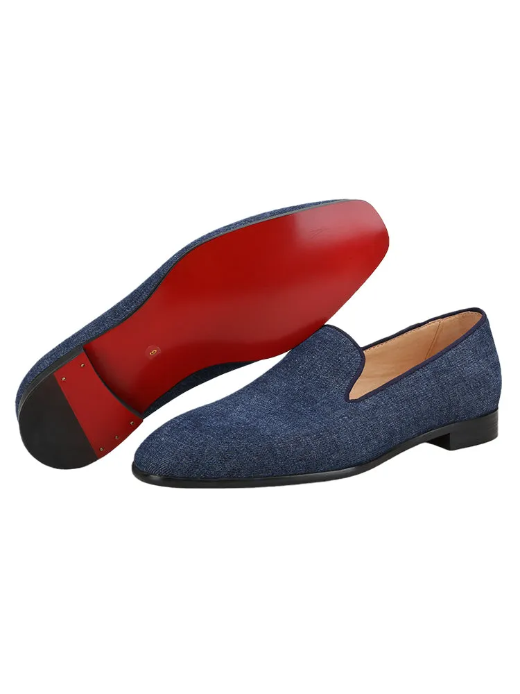 Summer blue denim denim men's loafers European and American style square toe red sole shoes breathable leather lining