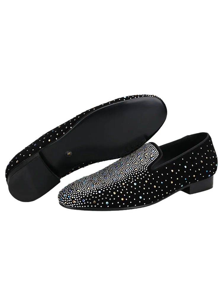Summer new suede nubuck leather rhinestone loafers for men, European and American style slip-on smoking shoes, breathable leather lining
