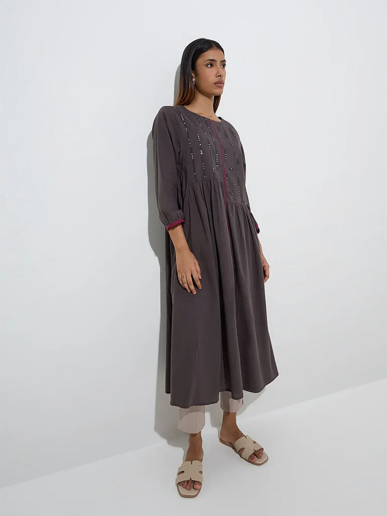 Utsa Charcoal Mirror Embroidered Fit-and-Flare Cotton Kurta