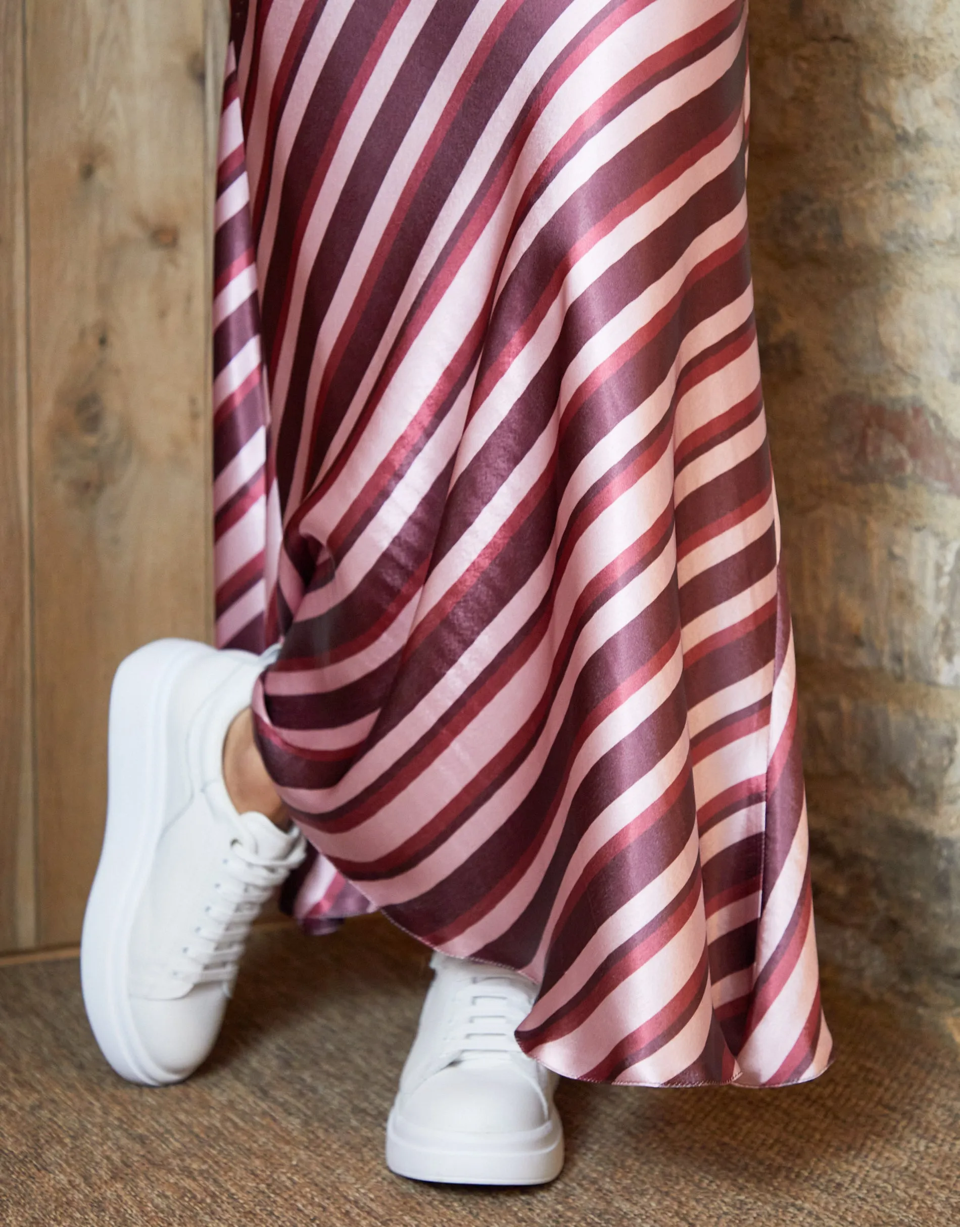Women's Burgundy Stripe Print Maxi Satin Slip Skirt